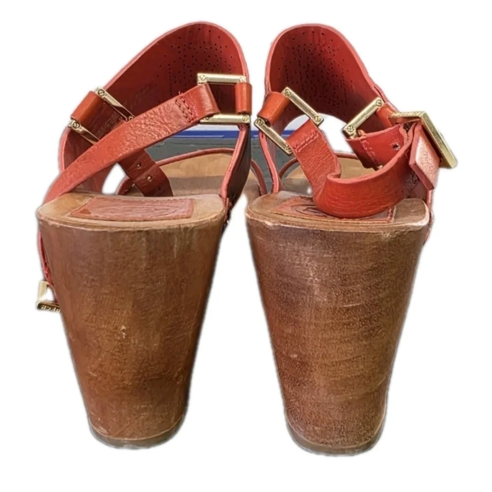 Tory Burch Womens Orange Gold  Leather Wooden Wedge Sandals Size 9 Boho TN Vols - Picture 5 of 13